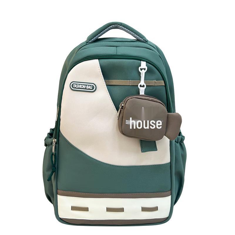 Large Capacity Color Block Student Backpack with Small Fish Pocket - Wear-Resistant Casual Design