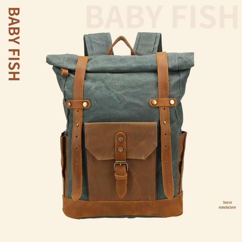Zaino in Tela Cerata Retrò con Bordi in Pelle - Grande Capacità, Design Pepe Sale, Disponibile colore del lago verde