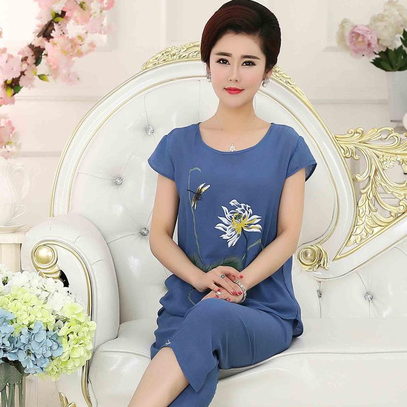 Women's Summer Cotton & Linen Pajama Set – Short-Sleeved Two-Piece for Middle-Aged & Elderly, Suitable for Indoor & Outdoor Wear.