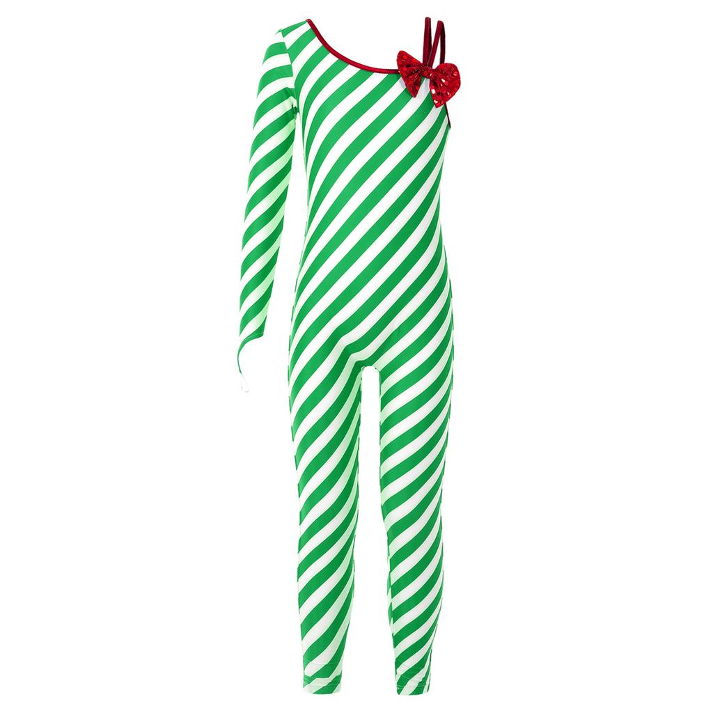Girls Christmas Candy Cane Striped Unitard One Shoulder Long Sleeve Jumpsuit Ballet Dance Performance Costume