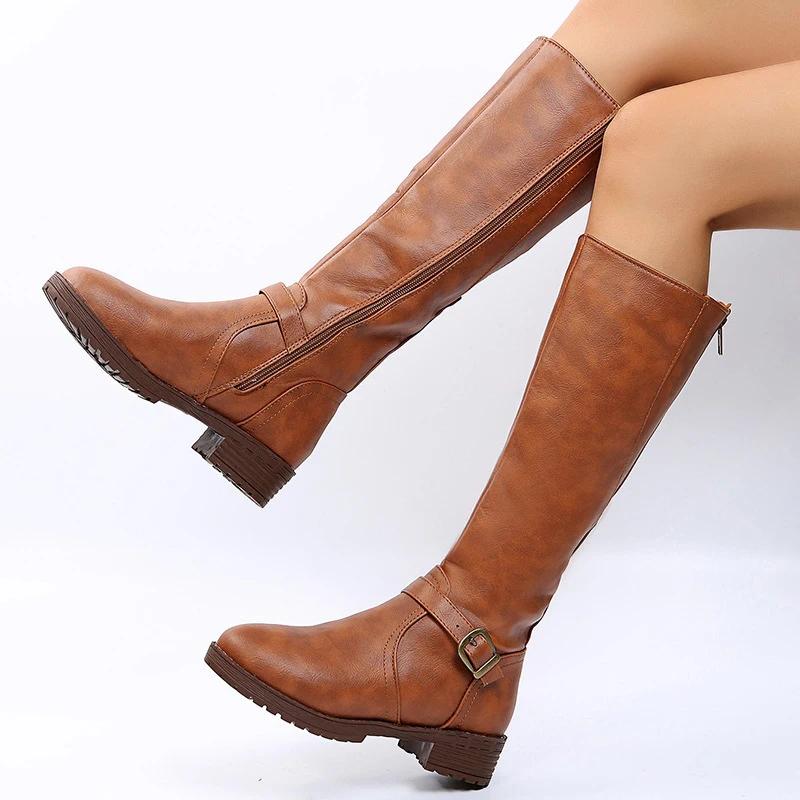 

Autumn Winter Women s Vintage Brown Women Knee High Boots Big Size Low Heels Platform Long Boots Pu Leather Zip Women Warm Booties 34EU/CN35 жовтий