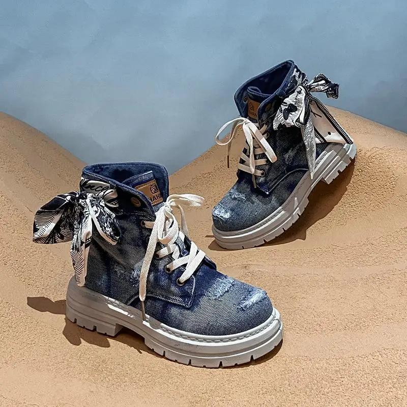 Fashion Woman Shoes 2025 Women's Autumn Retro Denim British Style Foreign Style Small Short Boots Thick-soled Heightening Boots