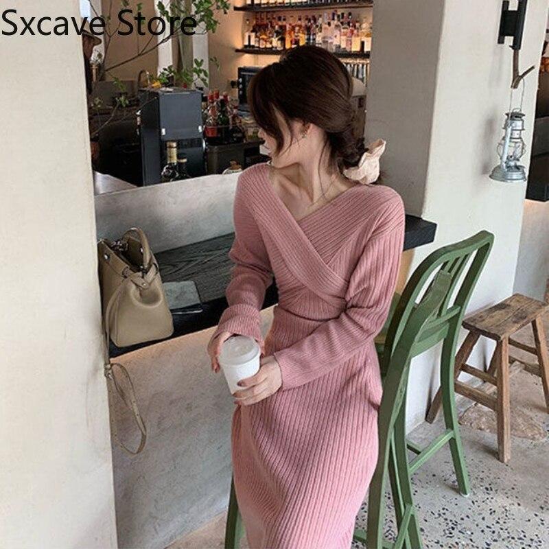 Buy Knitted Dress Women Casual Long Sleeve Slim Elegant Sweater Dress Party V Neck Vintage 21 Winter One Piece Dress Korea Fashion At Affordable Prices Free Shipping Real Reviews With Photos Joom