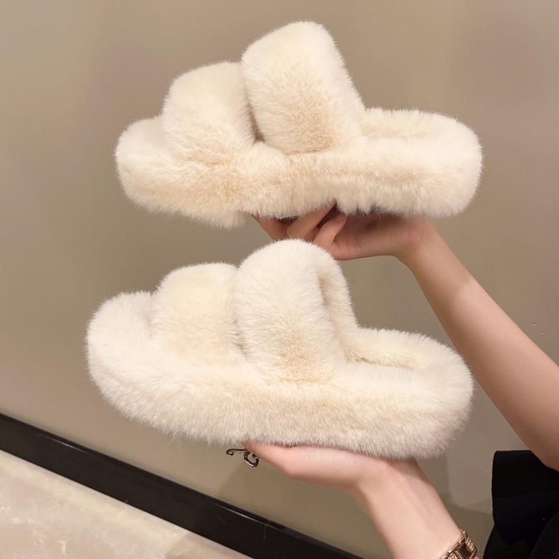 Fashion Women Thicken Plush Fur Slippers Winter Slip on Chunky Platform Loafers Mules Woman Thick Bottom Cotton Slippers