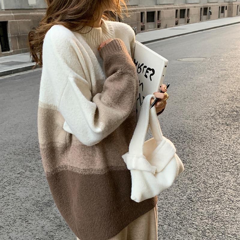 

Autumn and Winter Loose Knitted Pullover Stripes Women Sweater Casual Office Simple Office O Neck Top Long Sleeve Fashion Elegant Woman Clothing one size светло-коричневого