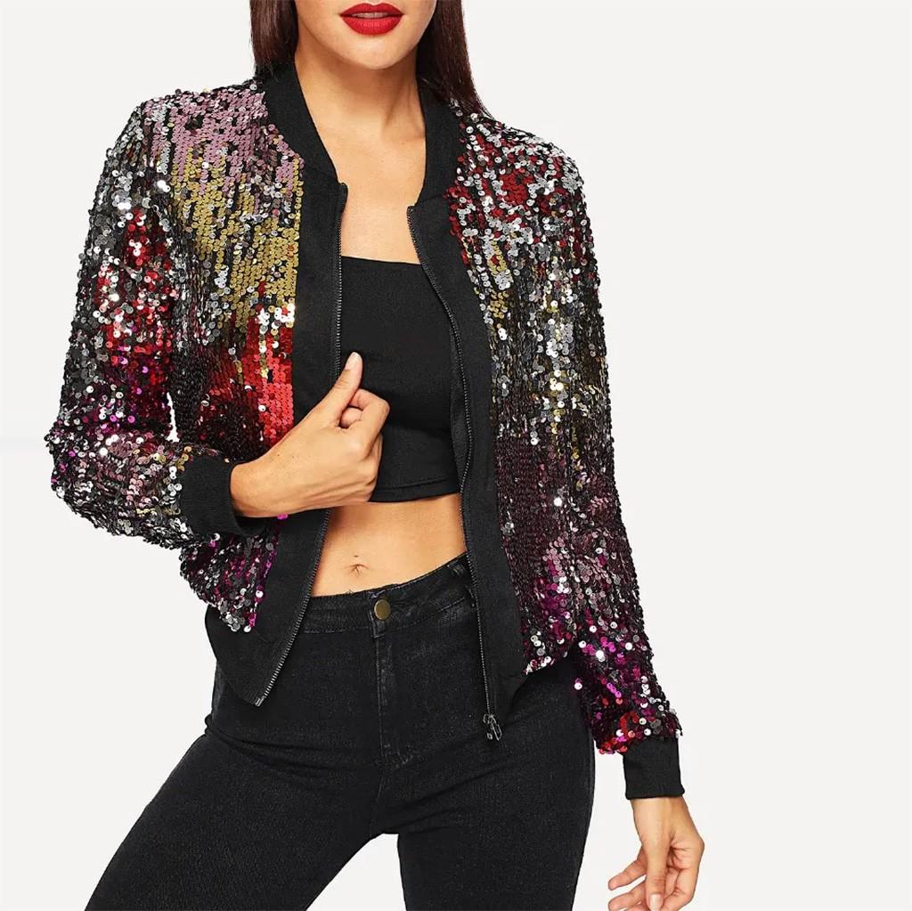 Women Casual Color Sequined Cardigan Jacket Zipper Open Front Jacket