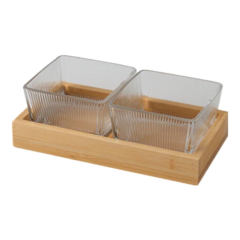 LIU Modern Sectional Glass Fruit Platter with Bamboo Tray 1 Set