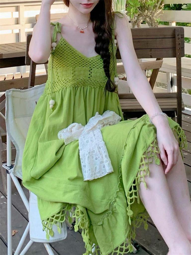 Bohemian Green Tassel Two-Piece Sleeveless Spaghetti Strap Summer Babydoll Mini Dress for Women