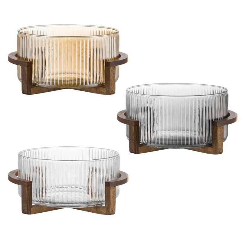 Ribbed Cake Display Bowl With Wooden Stand for Salad, Fruit and Dessert Serving during Shared Meals and Tea Tables