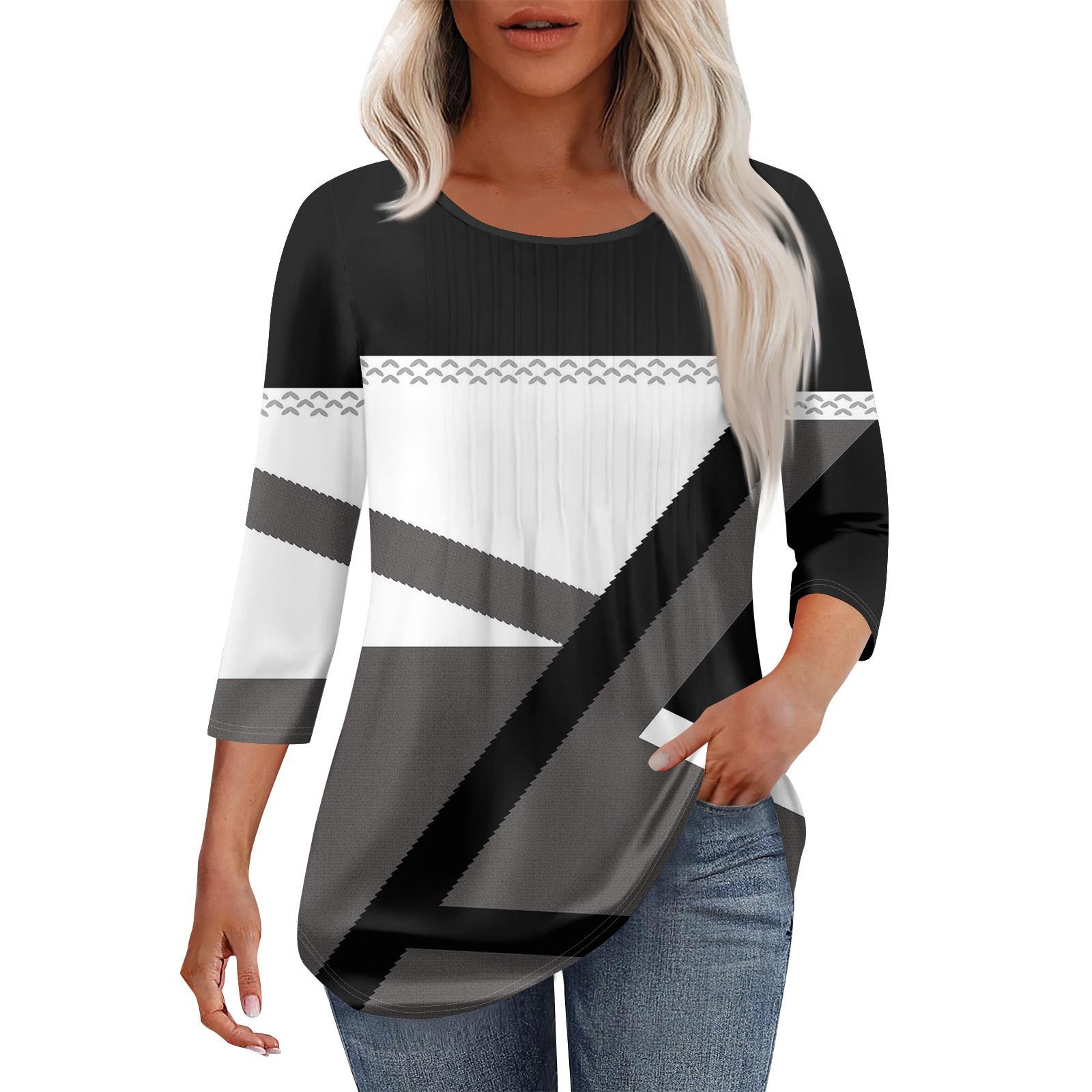 

Женская модная повседневная плиссированная футболка с круглым вырезом и принтом в стиле «отдых» с рукавом семь четвертей M чёрный