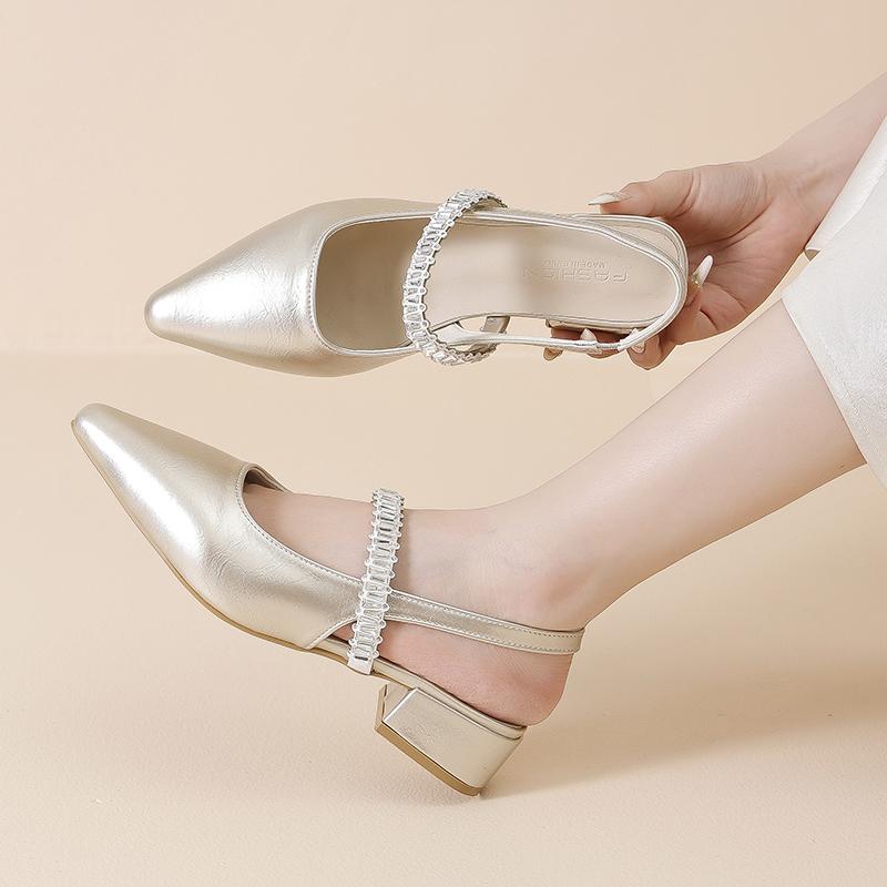 Summer Lady New Women's Shoes Back Strap Pointed Rhinestone Low-Front Cover Foot Flat Bottom Casual Shallow Mouth Simple Sandals