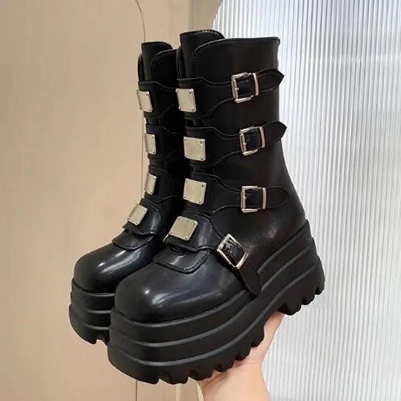 Womens Boots Metal Belt Buckle Design Women Mid-Calf Boots Luxury Casual Leather Boot Height Increasing Platform Boots For Women