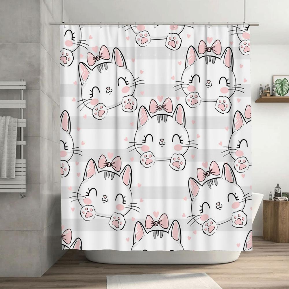 Adorable Kitten Shower Curtain Pink Bow Tails Design for Bathroom Decor White Waterproof Fabric Perfect Gift Idea for Cat Lovers
