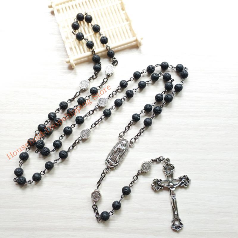 85AD Rosary Beads Long Necklace with Jesus Christ Crucifix for Cross Catholic Prayer Pendant Party Gift for Men Women