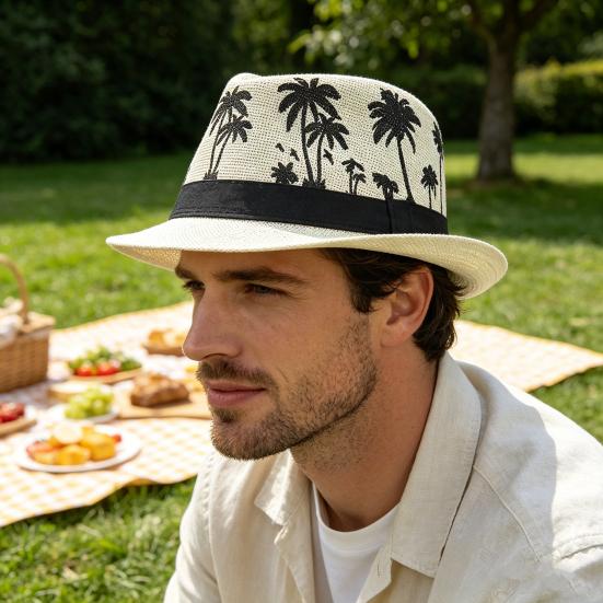 Yousheng Vacation Beach Hat, Straw Woven Sun Protection Hat with Coconut Tree Pattern, Retro Jazz Style Hat for Summer Vacations Pool Parties