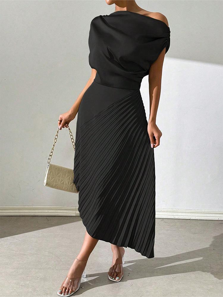 

Європейська та американська літня елегантна сукня бодікон на одне плече з драпіруванням незвичайної форми для жінок Large чорний