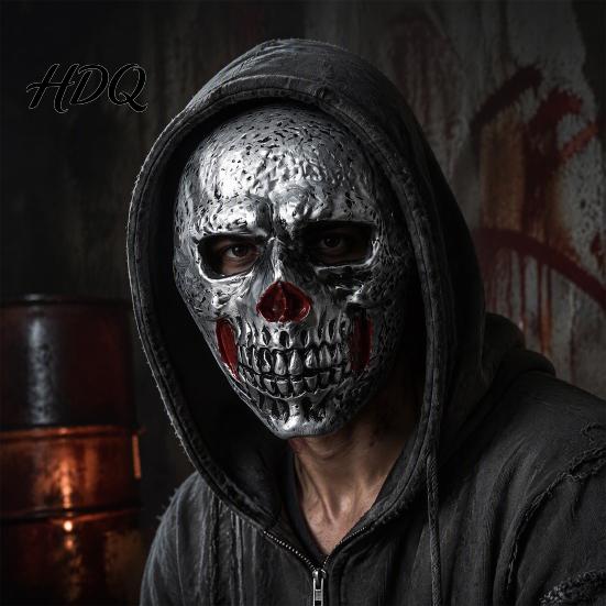 Flexible Face Contour Mask Retro Distressed Silver Skull for Halloween, PU Foam Horror Scary Secret Room Props with Adjustable Elastic Band,