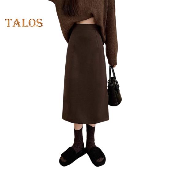 Women A-Line Skirt Elastic High Waist Solid Color Retro Slit Skirt Solid Autumn Winter Slimming Skirt