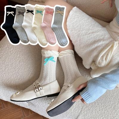 Autumn Casual and Sweet Bow Mid-calf Socks, Women's Comfortable Anti-pilling Cotton and Linen Flower Socks, College Trend Socks