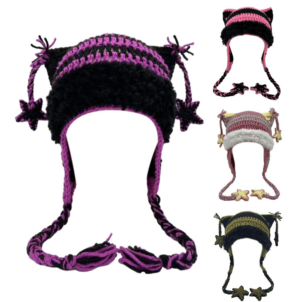 Cartoon Kitten Hat Girls Headgear for Outdoors Activities Skiing with Mini Ears Crocheted Beanie for Skiing Camping