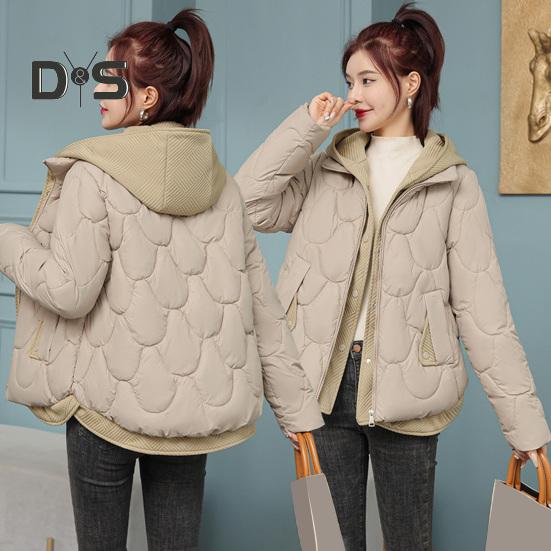 Women Winter Coat Fake Two-piece Zipper Button Closure Padded Hooded Turn-down Collar Pure Color Thin Short Type Down Cotton Filling Jacket