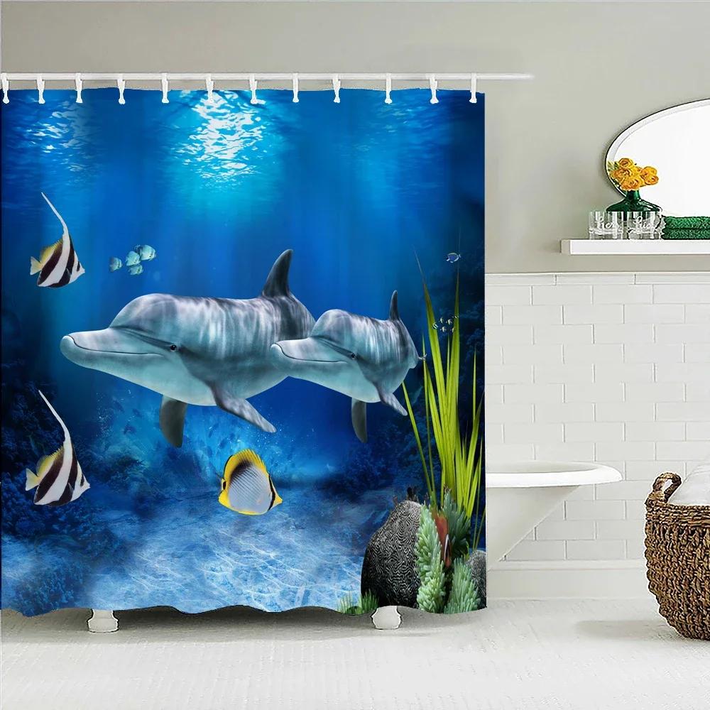 Unterwasserwelt Fisch Schildkröte 3D Duschvorhänge Ozean Delfin Meereslandschaft Stoff Wasserdicht Badvorhang Badezimmerdeko Sichtschutz