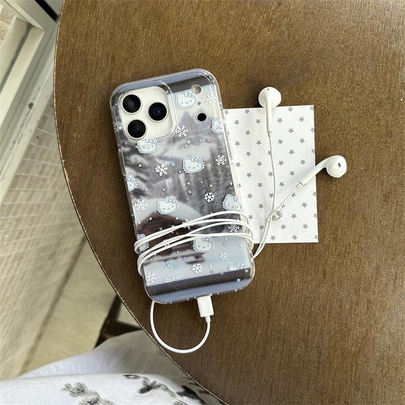 Winter Snowflake Hello Kitty iPhone Case for 14/15/16 Pro Max with Girly Heart Design