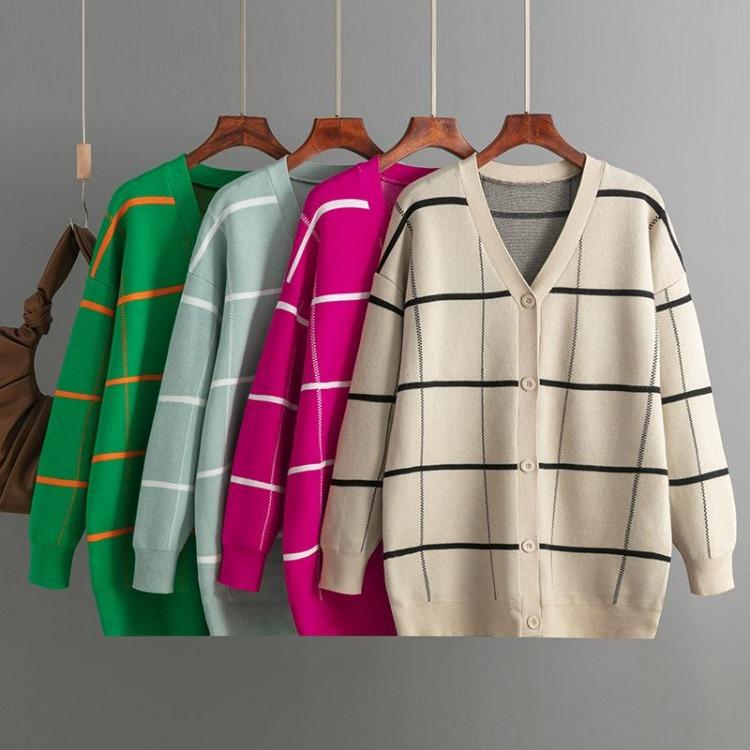 Autumn Winter Women Jacquard Sweater Loose Knit Coat V Neck Long Patterned