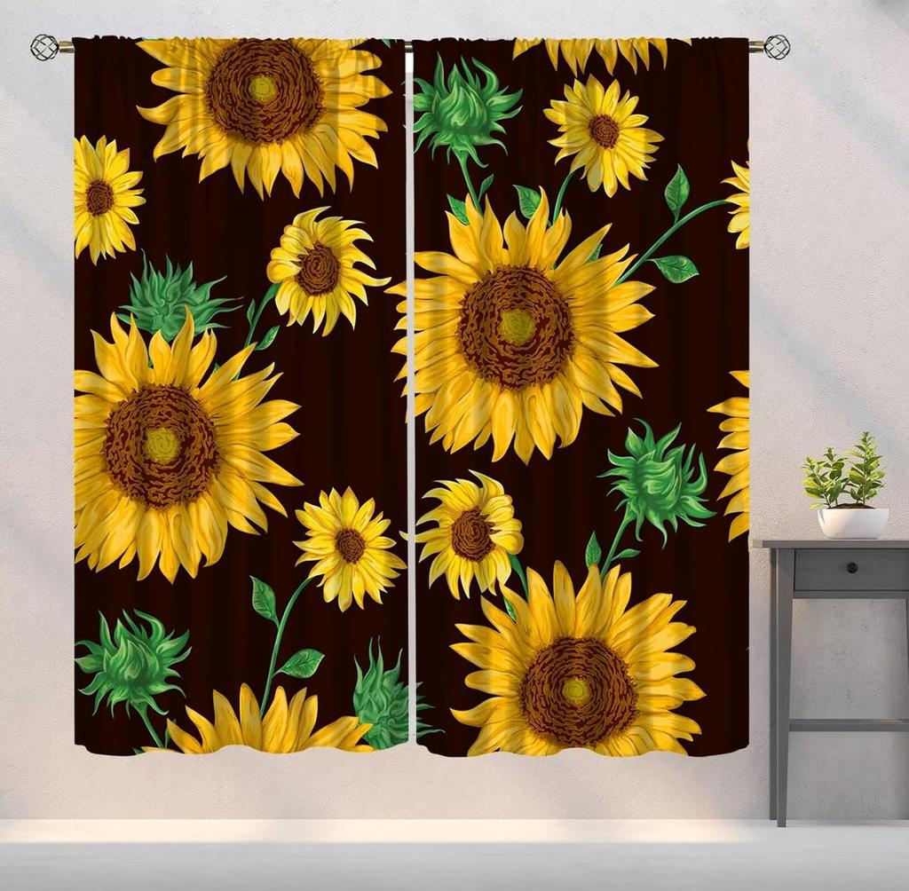 Farmhouse Sunflower Curtains Country Vintage Floral Wooden Board Art Printed Window Drapes Bedroom Kitchen Decor Room Darkening Polyester Master