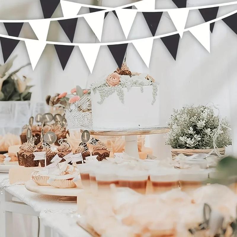 2 PCS Black and White Triangle Flag Plastic Ribbon Birthday Party Supplies Atmosphere Decoration