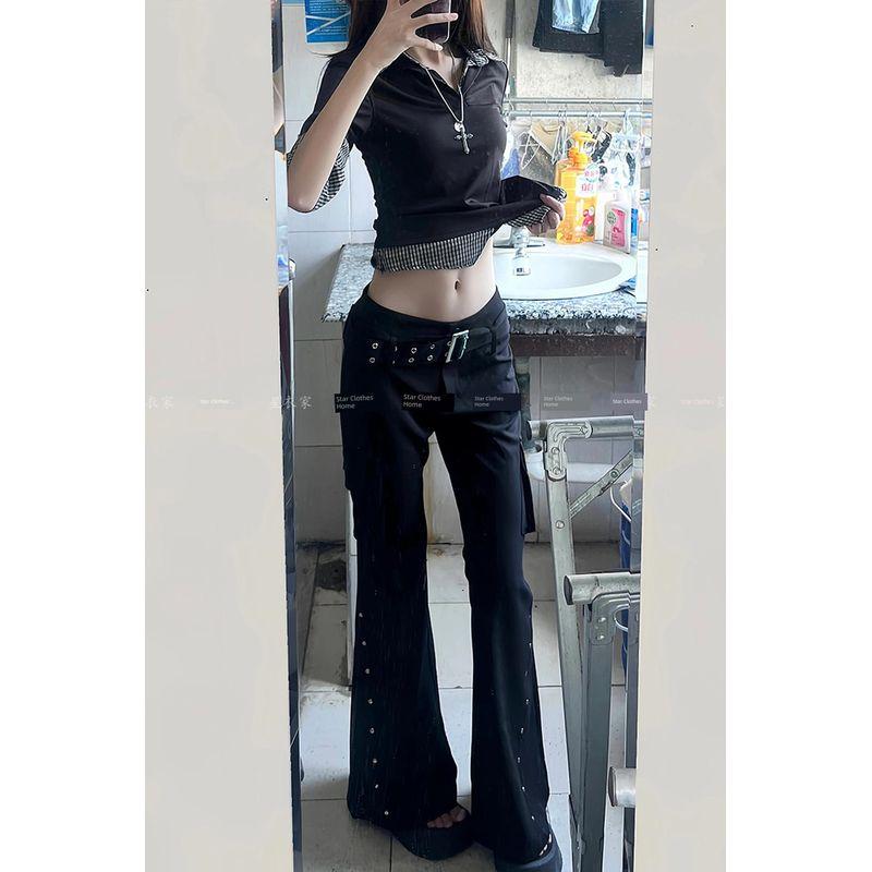 

Европейский и американский ретро-дизайн, декоративные заклепки, повседневные брюки, женские, лето 2025, гяру, заниженная талия, стройнящие брюки-клеш