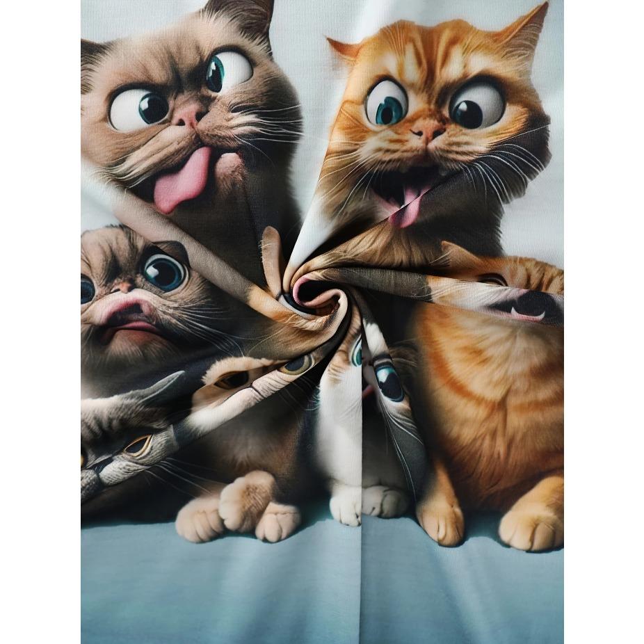 Żywy zabawny T-shirt z grafiką kota - Miękki ombre dekolt załogowy, Krótki rękaw, Letni niezbędnik, Damska odzież codzienna, Idealny dla miłośników kotów