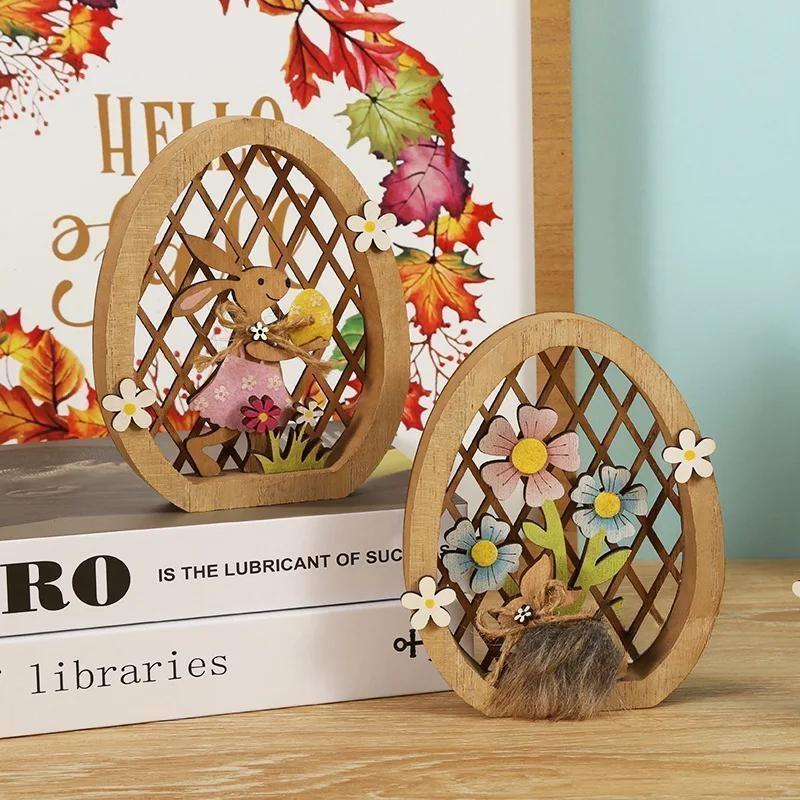 Wooden Easter Rabbit Eggs Ornaments Bunny Hollow Carving Flowers Craft Wood Chick For Easter Eggs Desktop Decoration Gift
