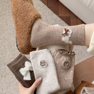 Wool Socks for Women's Autumn and Winter Trend Mid-calf Socks, Cute Cartoon Flocked Long Socks, Button Atmosphere Women's Socks