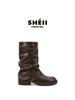Su Yinyin has the same round head versatile Spice Girl trouser tube boots, thick sole heightening belt mouth, medium tube, western boots, stacked sh