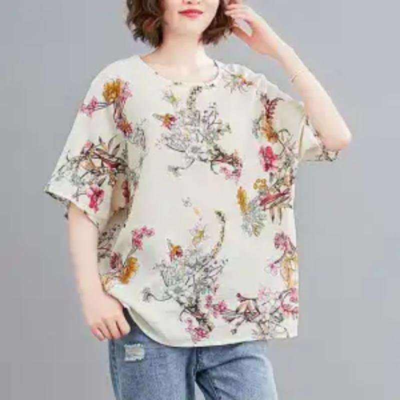 Women Vintage Floral Printed Loose Round Neck Short Sleeve Casual Tops