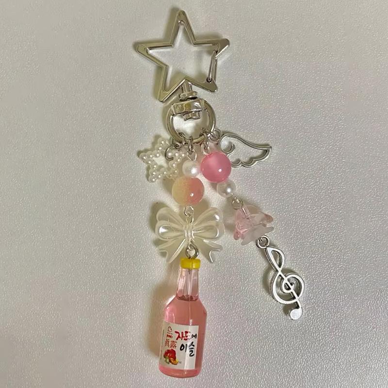 Cute Aesthetic Beaded Star Bow Beverage Bottle Keychain Fashion Funny Keyring Exquisite Backpack Decoration Accessories Gifts