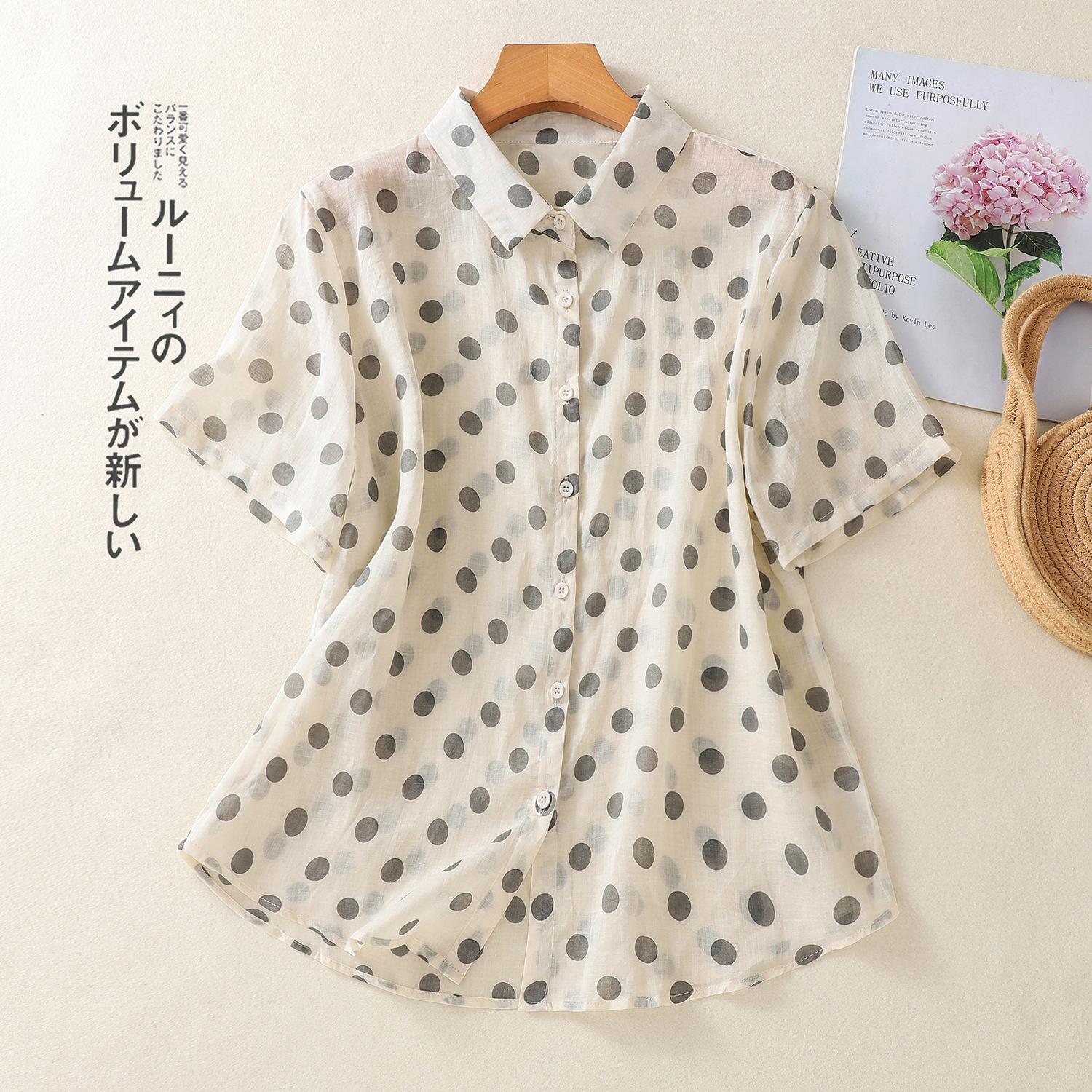 

2025 летняя новая женская одежда высокого качества из хлопка и льна с принтом в горошек, кардиган с короткими рукавами и лацканами, топ для женщин 2XL