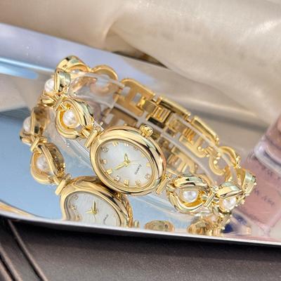 Ladies Oval Dial Watch Elegant Nacre Surface Faux Pearl Bracelet Wristwatch Retro Quartz Watch Luxury Timepiece Gift for Mom Wife