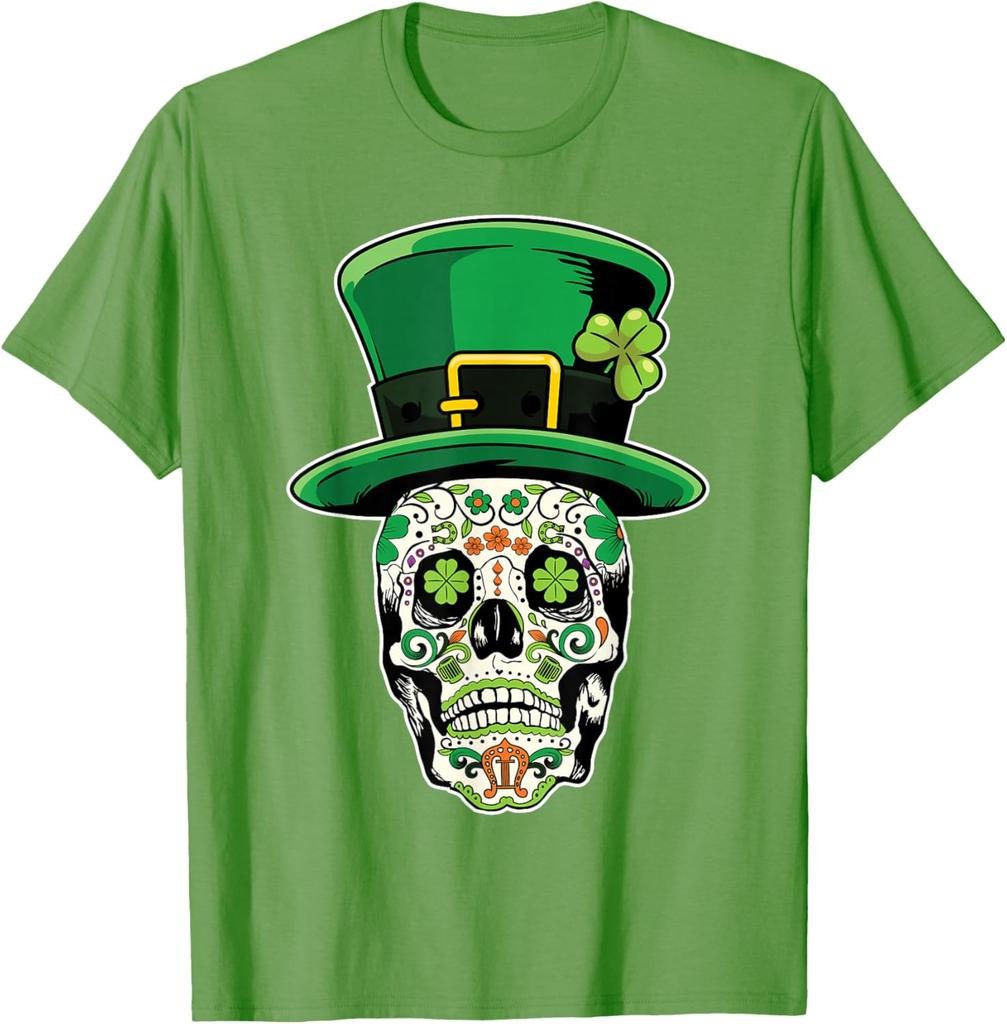 Sugar Skull Leprechaun Hat St Patricks Day Graphic Tee Soft Cotton Casual Top for Men