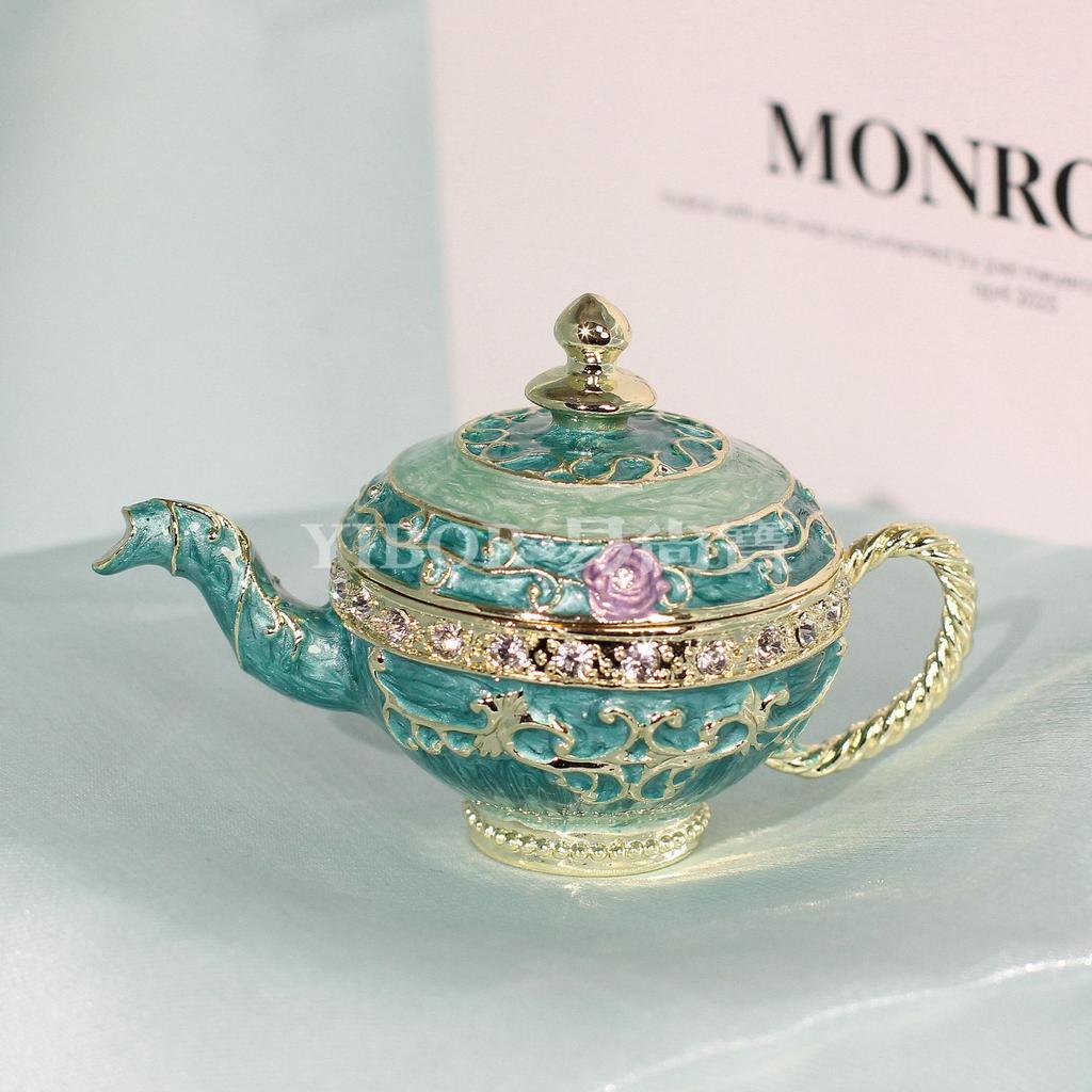 Metall Cloisonné Teekanne Schmuckschatulle, Vintage Gold Emaille Figur, Strass Akzent Handgefertigtes Geschenk für Schminktisch Dekoration