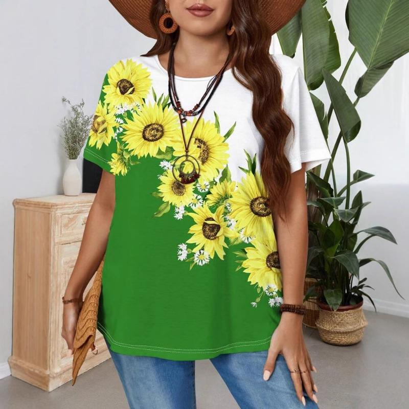 

Повседневная футболка женская с круглым вырезом и принтом, летняя свободная рубашка 6XL зелёный