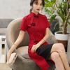 Long Fork Traditional Chinese Dress Short Sleeve Cheongsam Stand Collar Qipao Dress  Summer