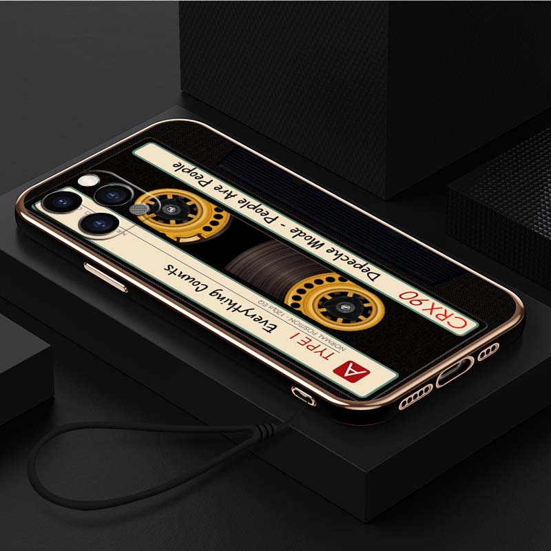 Luxury Plated TPU Phone Case With Lanyard for iPhone 6 6s 7 8 Plus XR XS 11 12 13 14 15 Pro Max Soft Cases A19 Original Retro Cassette Tape Art Cover