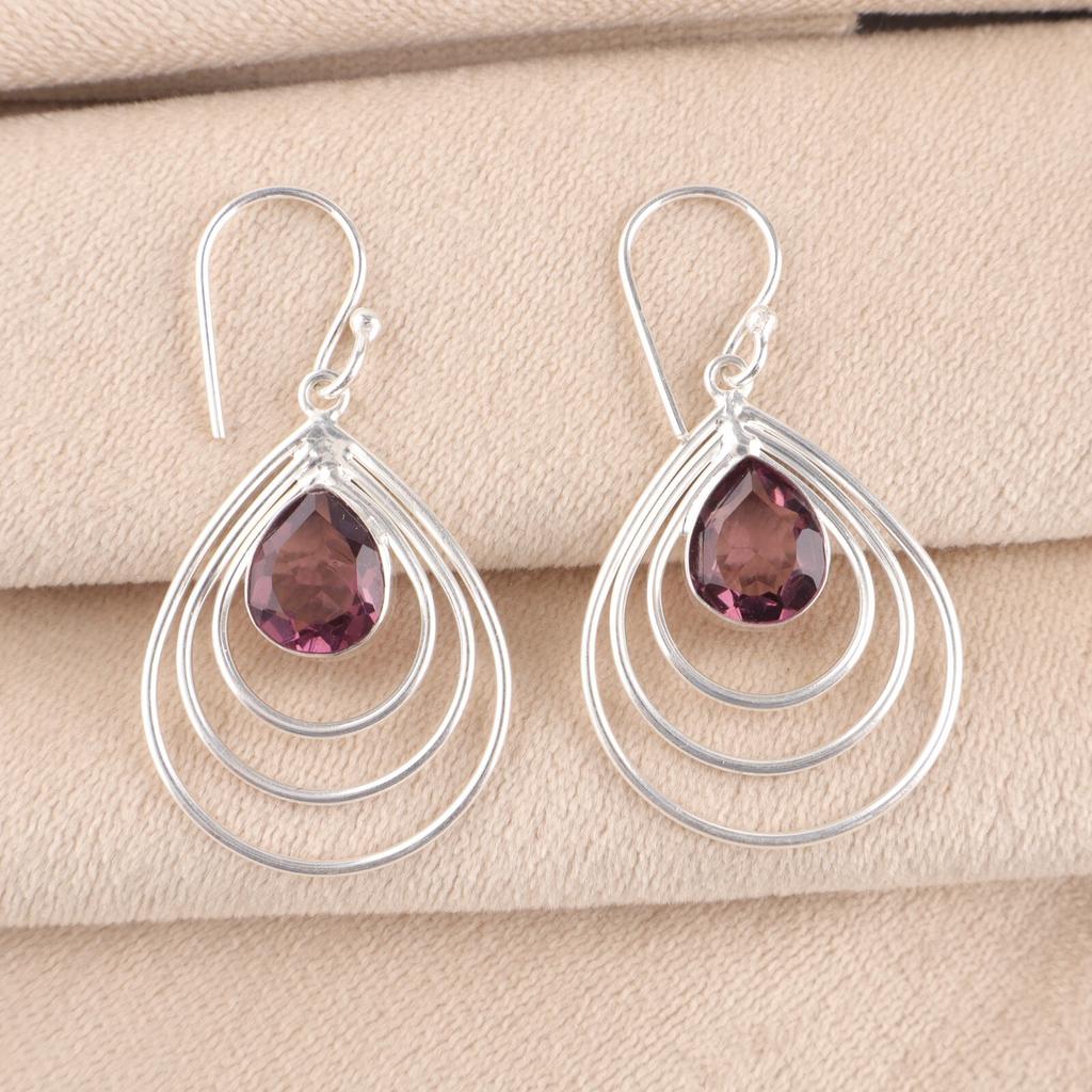 Natural Rhodolite Gemstone 925 Sterling Silver Handmade Earrings1.80" For Mother EE-31-39