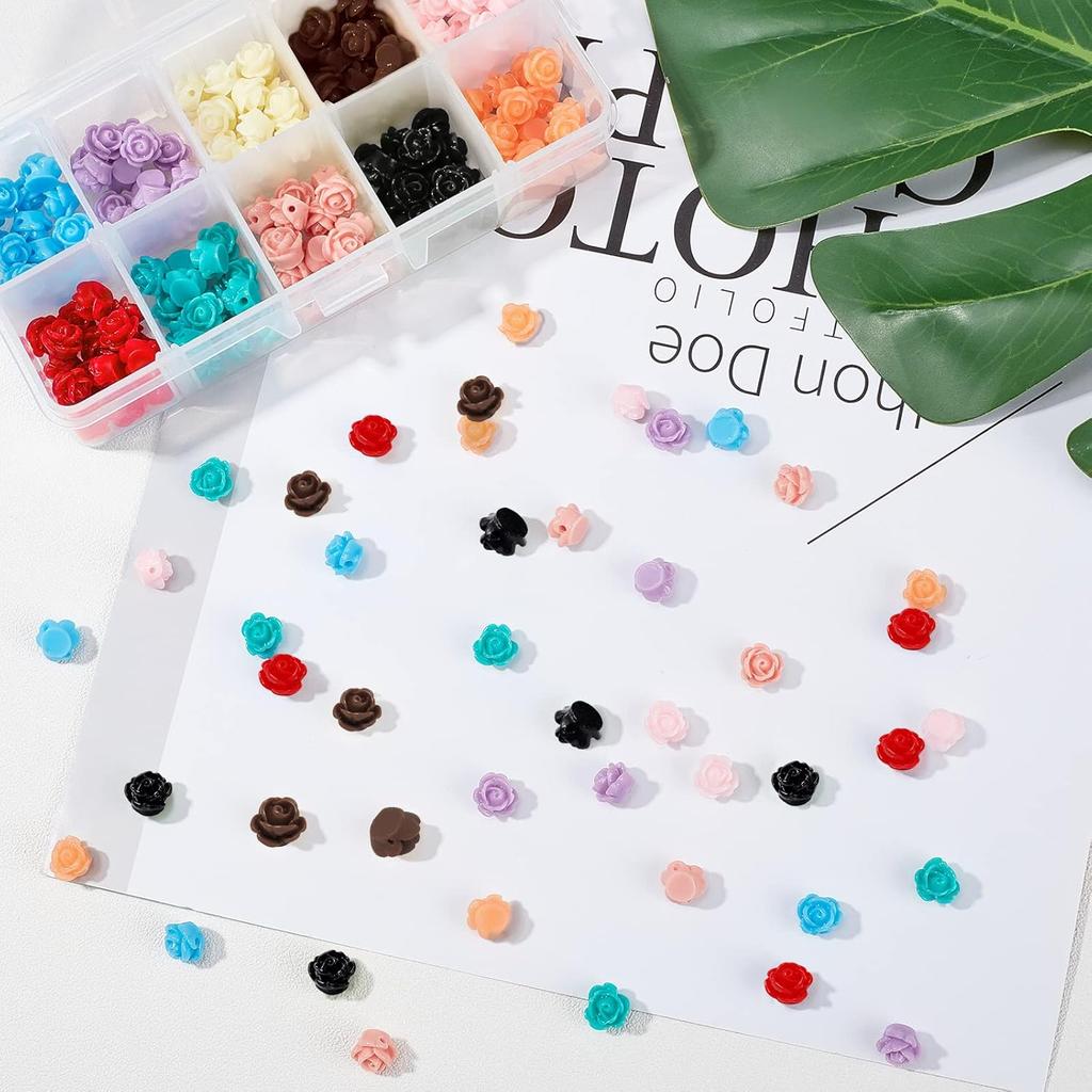 SUNNYCLUE 1 Box 200Pcs 10 Colors Rose Flower Resin Beads Flat Back Cabochons Embellishment Floral Rose Loose Beads for DIY Jewelry Necklace Bracelet