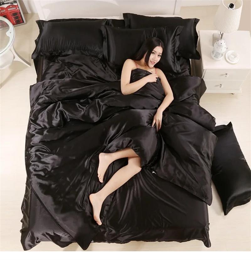 1 Duvet Cover+1 Bed Sheet+2 Pillowcases Luxury Ice Silk Bedding Set with Duvet Cover Bed Sheet Pillowcases Fitted/Flat Bedheet