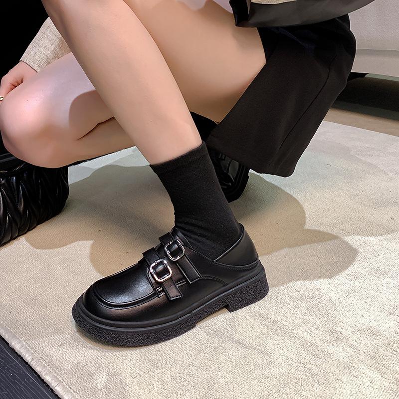 Leather platform loafers women's 2025 new round head retro soft leather single shoes double buckle with British style small leather shoes