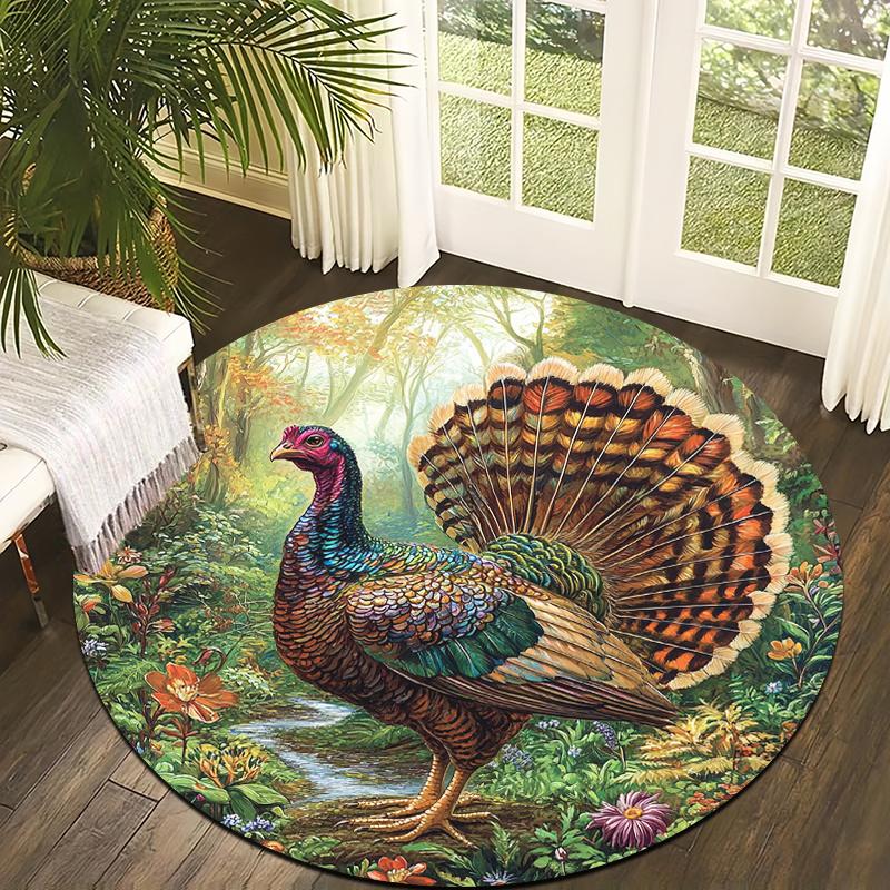 Forest Turkey Theme Flannel-printed round floor mats are slip-resistant Suitable for living room bedroom terrace garden carpets