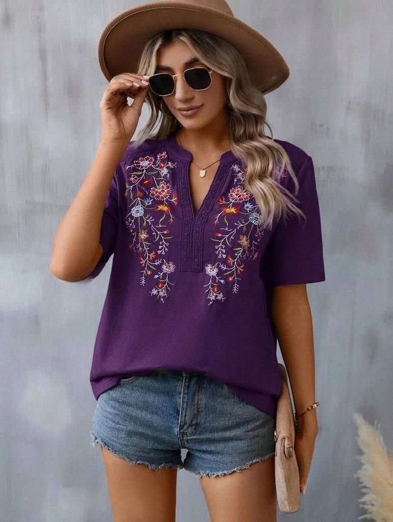 Women's Printed Stand-up Collar Ramie Shirt Top